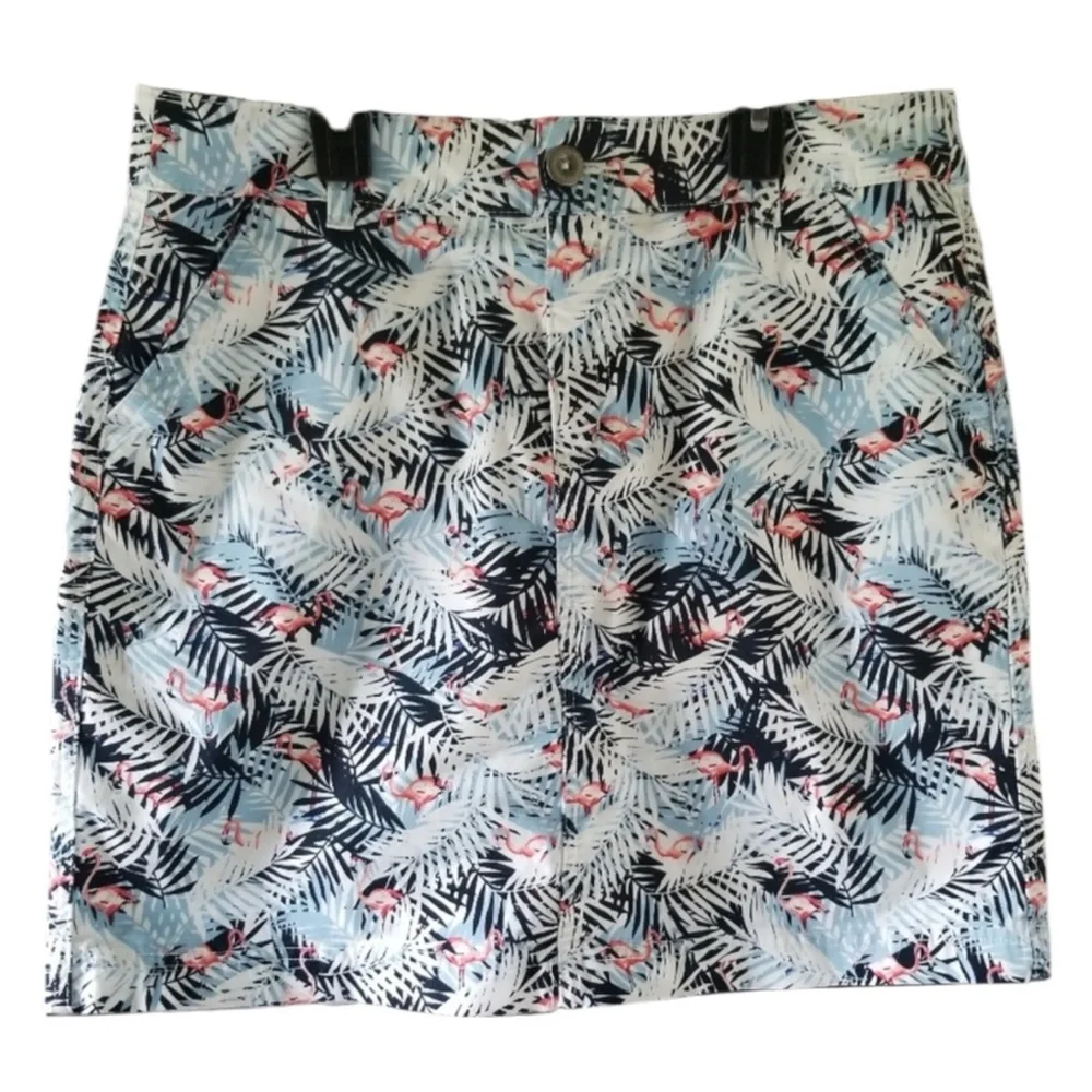 CHRISTOPHER & BANKS Leaf / Flamingo Print Skort in Blue/White/Pink Size 14P NWT